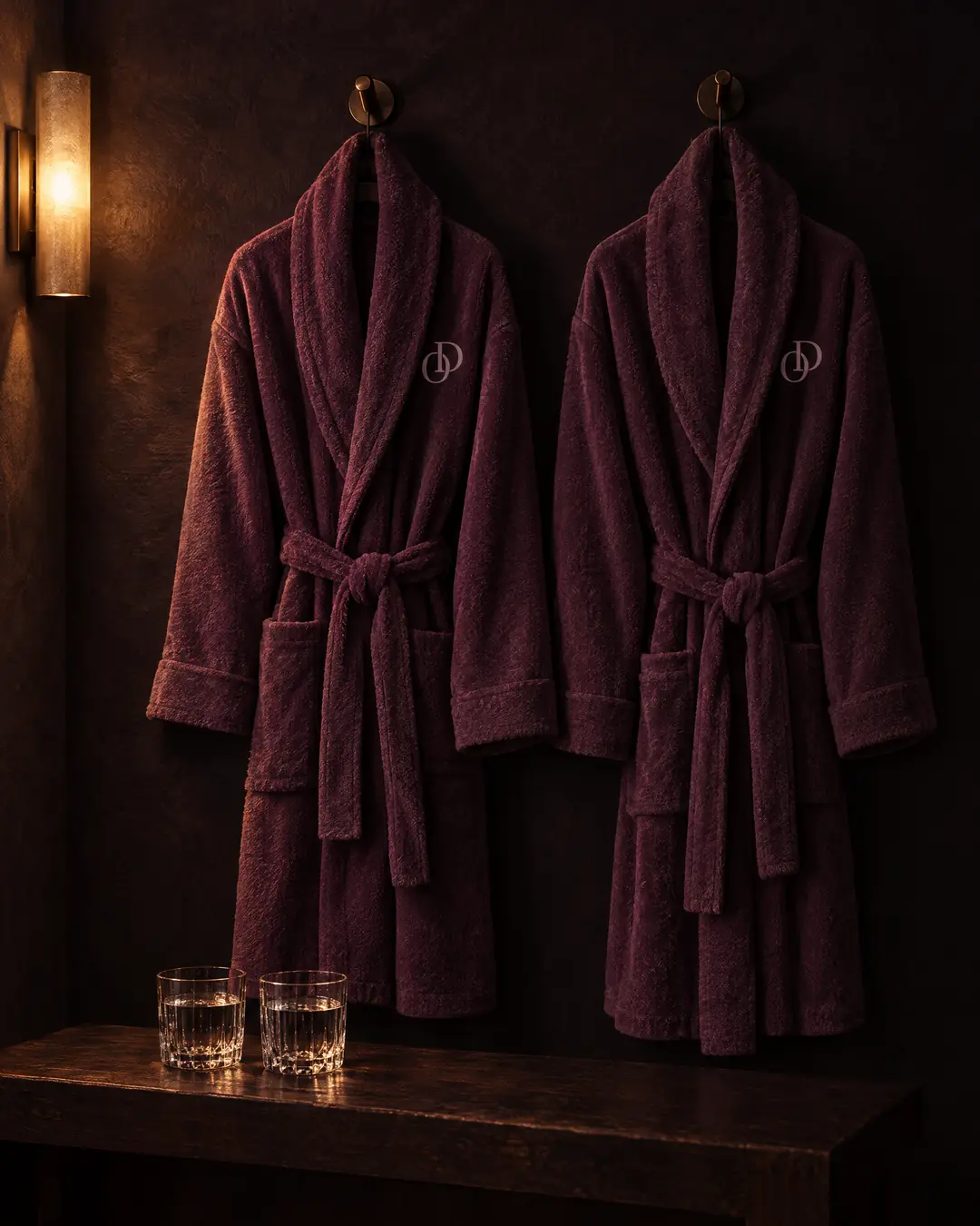 Deux peignoirs mauves brodés du chiffre OD, suspendus côte à côte, et deux verres d’eau.