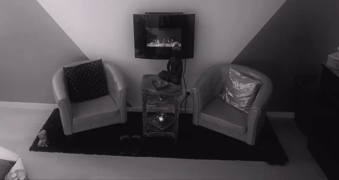 Deux fauteuils devant une cheminée.