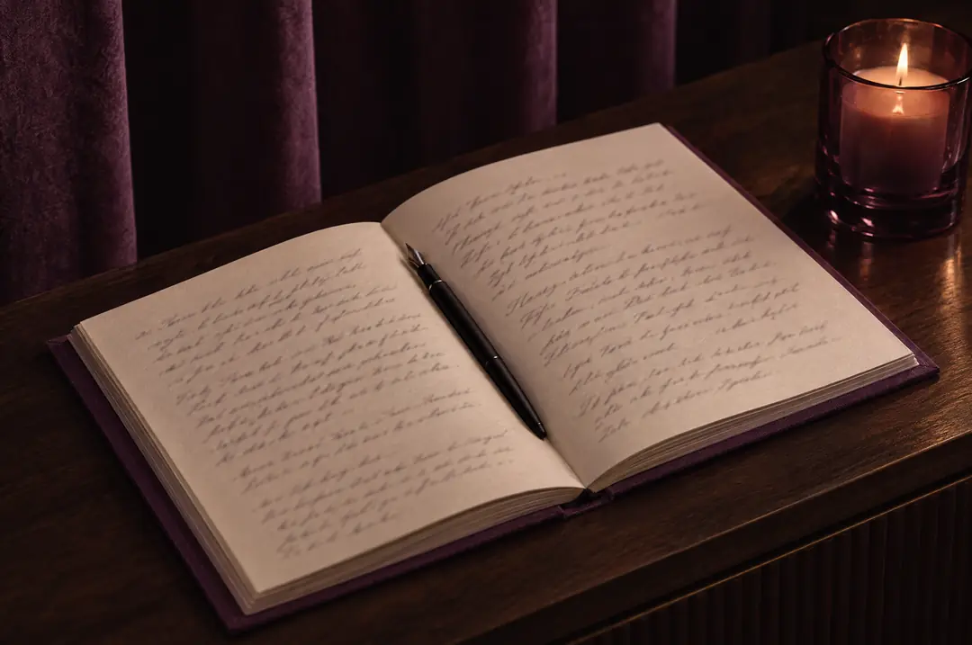 Un livre ouvert aux pages couvertes d’une écriture manuscrite, un stylo posé dans la reliure, une bougie.