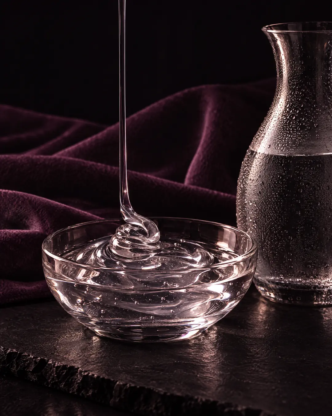 Un filet de gel transparent tombe dans un bol de verre, près d’une carafe d’eau perlée de gouttes.