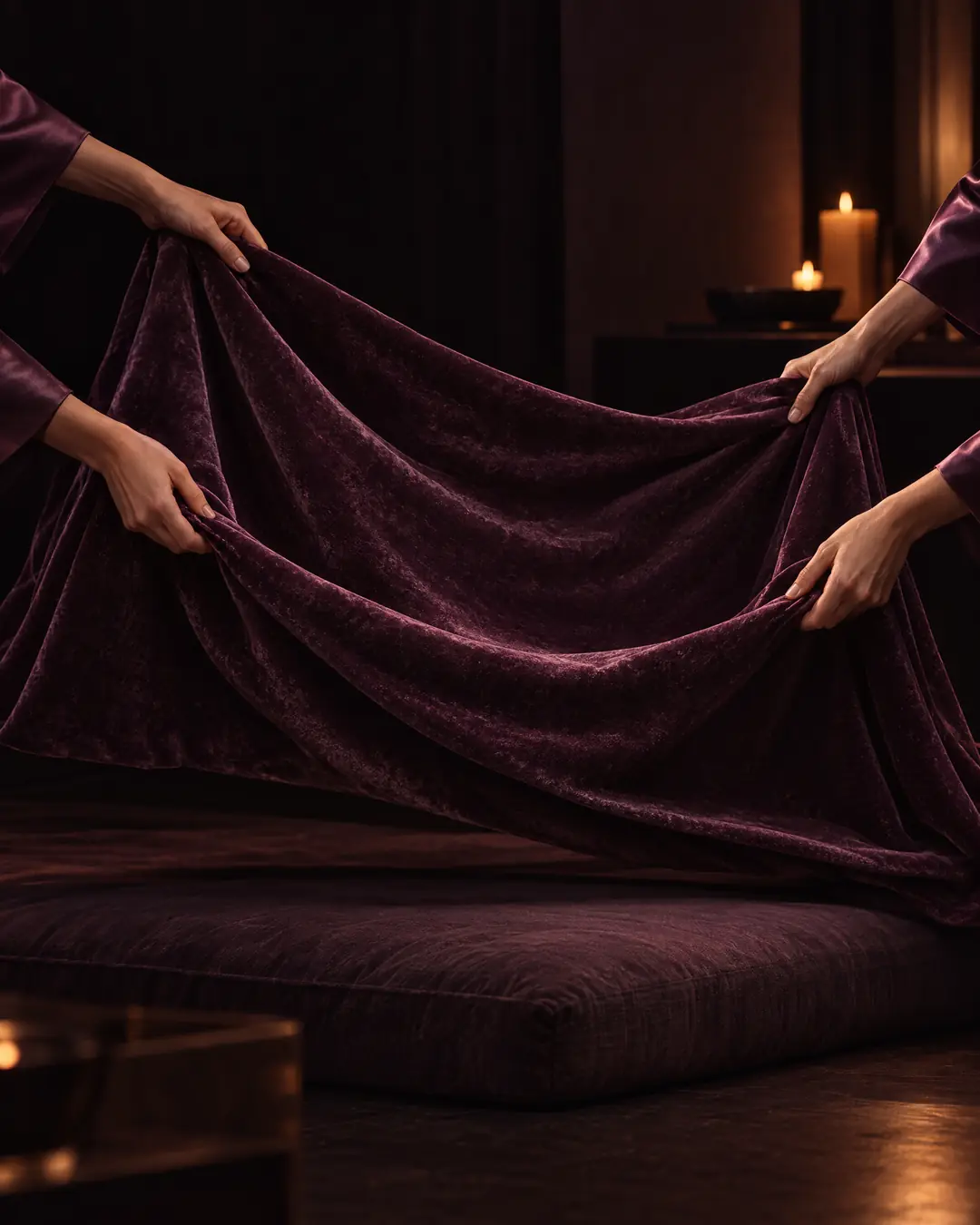 Deux paires de mains déplient ensemble un drap de velours mauve au-dessus d’un futon.